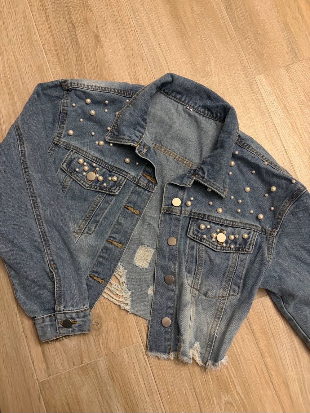 Pearl-Studded Distressed Blue Jean Jacket - Women's
